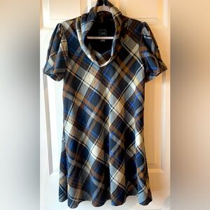 JH Navy Blue Brown Taupe Argyle Diamond Plaid Cowl Neck Puff Sleeve Knit Dress M